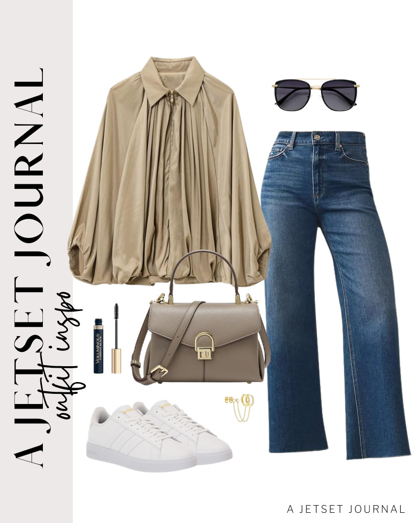 I love this khaki puffed bomber jacket worn with high-waisted jeans and Adidas sneakers. It's perfect for smart casual office wear or casual Fridays. 

 #LTKSeasonal #LTKSaleAlert #LTKTravel