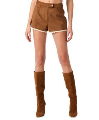Astr the Label Women's High-Rise Faux Suede Lace-Trim Shorts - Chestnut | Macy's