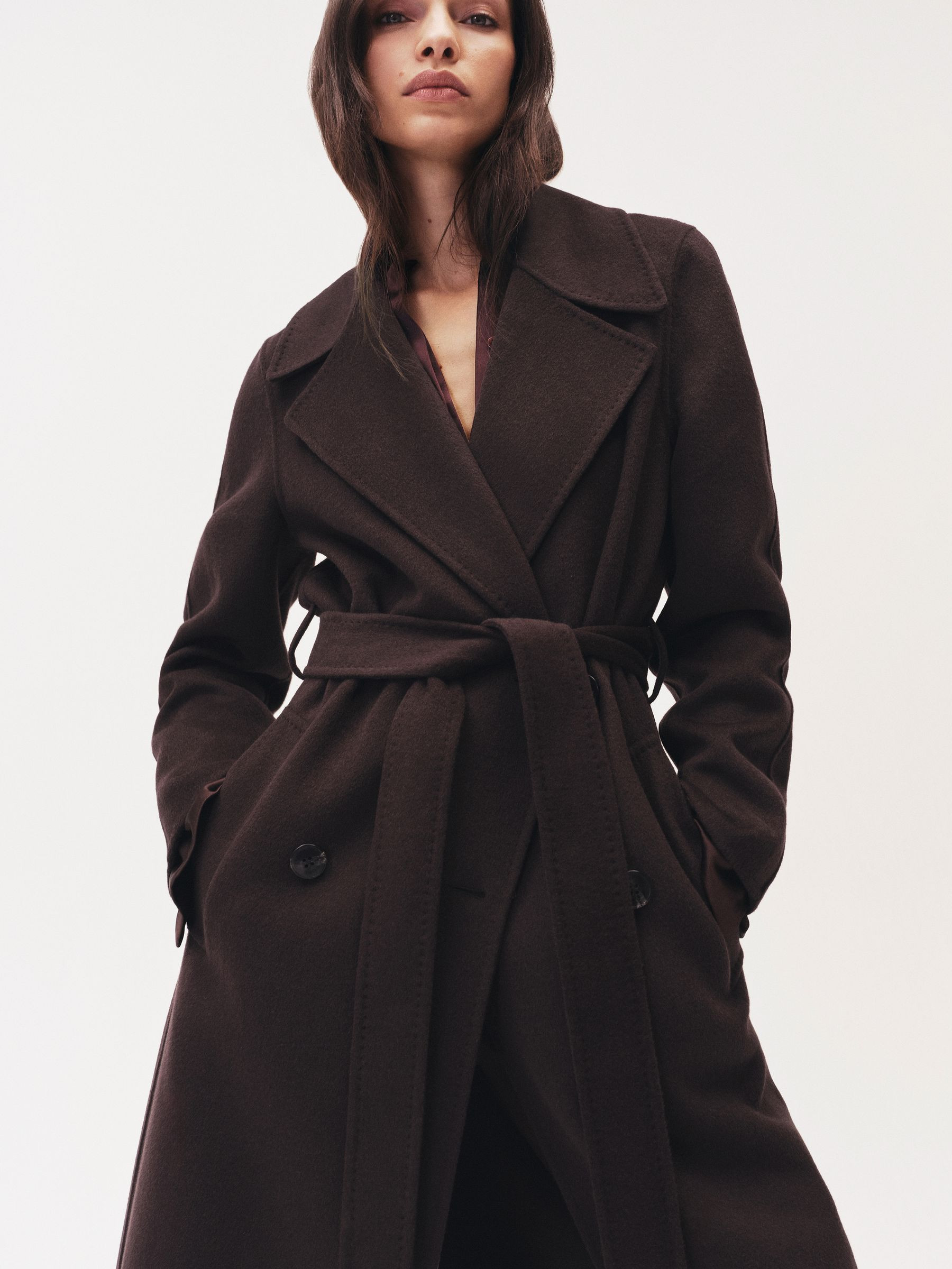 Double-Breasted Blindseam Coat Wool-Blend in Aubergine | Reiss UK