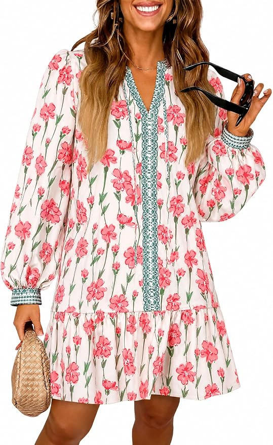 Wenrine Womens Long Sleeve Casual Mini Dress Floral V Neck Ruffle Loose Fall Boho Babydoll Dresse... | Amazon (US)