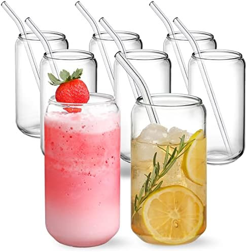 [ 8pcs Set ] Drinking Glasses with Glass Straw - 16oz Can Shaped Glass Cups, Beer Glasses, Iced C... | Amazon (US)