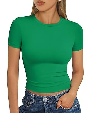 Trendy Queen Womens Short Sleeve T Shirts Summer Crop Tops Basic Slim Fit Gym Workout Y2k Clothes | Amazon (US)
