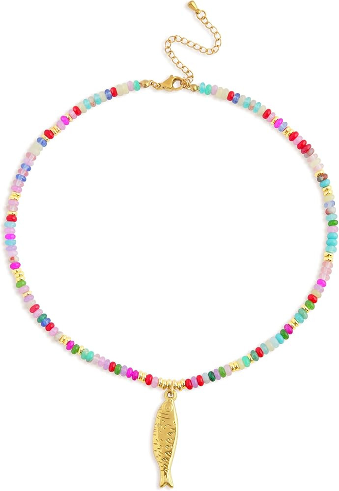 Boho Fish Necklace for Women, Colorful Natural Stone Beaded Fish Pendant Necklace, Summer Beach J... | Amazon (US)