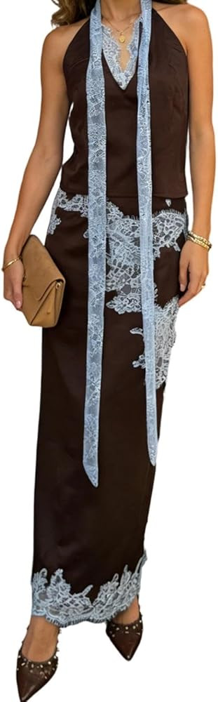 Women Satin 2 Piece Maxi Skirt Set Lace Trim Backless Tank Top Silk Slip Long Skirt Asymmetrical ... | Amazon (US)
