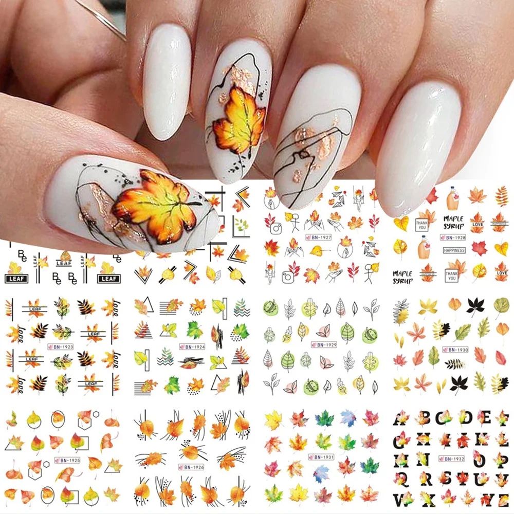 Fall Nail Art Stickers, Autumn Nail Art Water Decals Foils Transfer Nail Supplies Maple Leaves De... | Walmart (US)