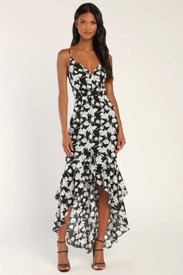 Darling Daylily White and Black Floral Print High-Low Maxi Dress | Lulus (US)