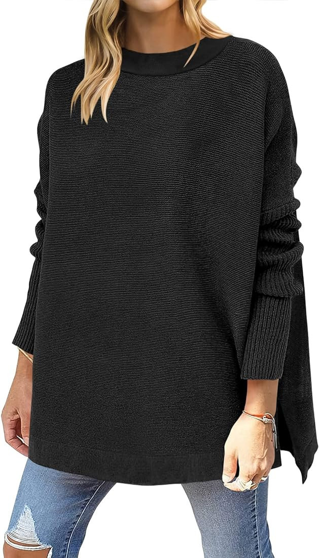 ANRABESS Women's 2023 Casual Oversized Long Batwing Sleeve Crewneck Spilt High Low Hem Knit Tunic... | Amazon (US)