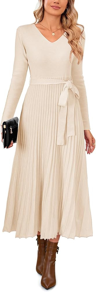 Arach&Cloz Women's Wool Blend Tie Waist Pleated Fall Sweater Dress 2025 | Amazon (US)