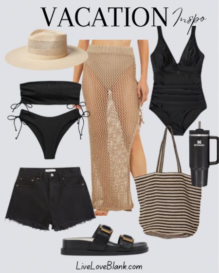 Vacation outfit inspo
Black and tan outfits 
Black swimwear
Crochet coverup 
Sandals beach hat Stanley #ltku

#LTKswim #LTKtravel #LTKstyletip