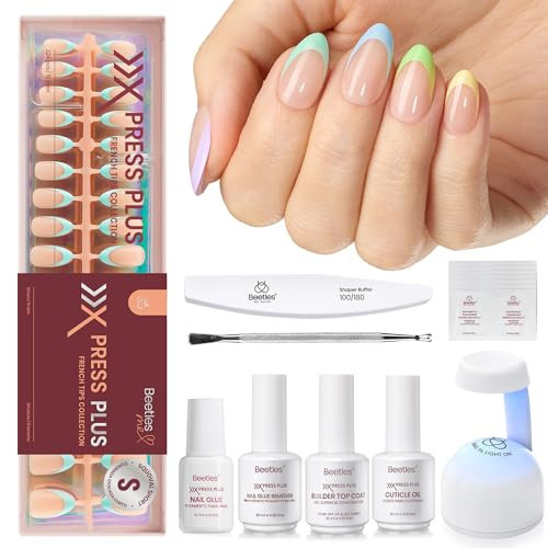 Beetles X Press Plus French Tips Press On Nails, 16 Sizes 224 Pcs Pastel Short Almond Press On Nails Gel Nail Tips Pre-Applied Primer Base Coat Soak Off Uv Nail Extension Manicure Gift for Women | Amazon (US)