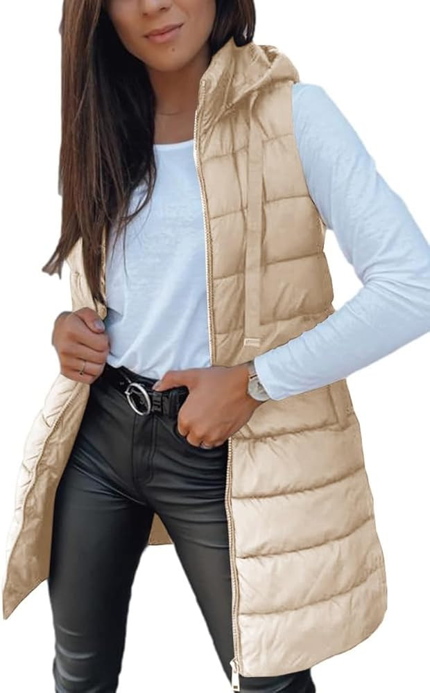 Veatzaer Women Long Vest Solid Color Sleeveless Hood Winter Puffer Vest Outwear | Amazon (US)