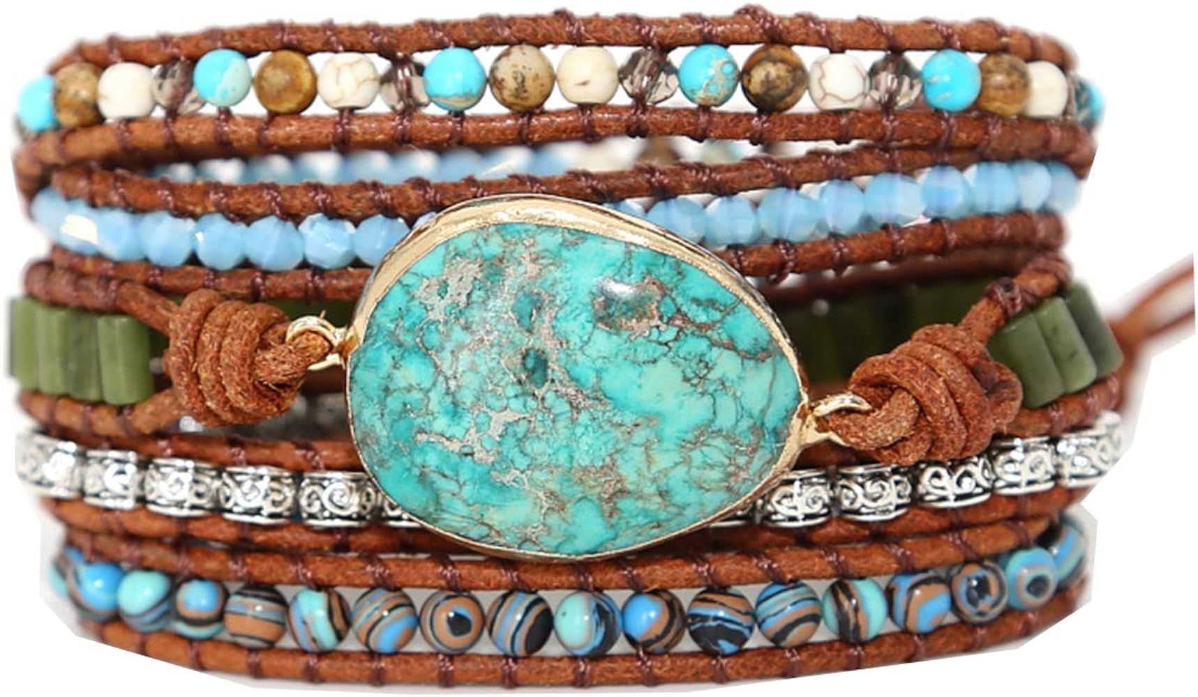 ZOSOJONA Boho Handmade Natural Stone Wrap Bracelets Turquoises Crystal Beads Bracelet Jewelry | Amazon (US)