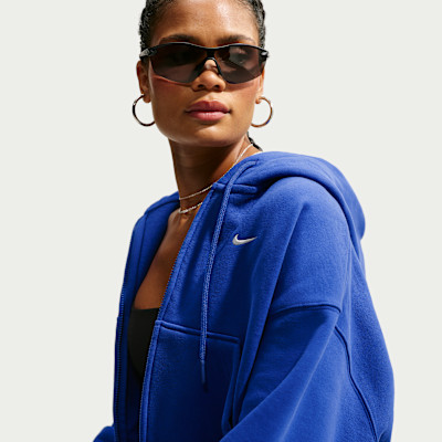 Nike Women's Studio Fleece Medium Weight Oversized Full-Zip Cropped Hoodie in Blue | IM8499-417 | Nike (US)
