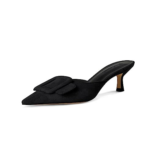Fericzot Mule Slippers for Women,Slingback Buckle Pumps Pointed Toe Kitten Heels Shoes Slides Backless Dress Sandals Black 10.5 | Amazon (US)