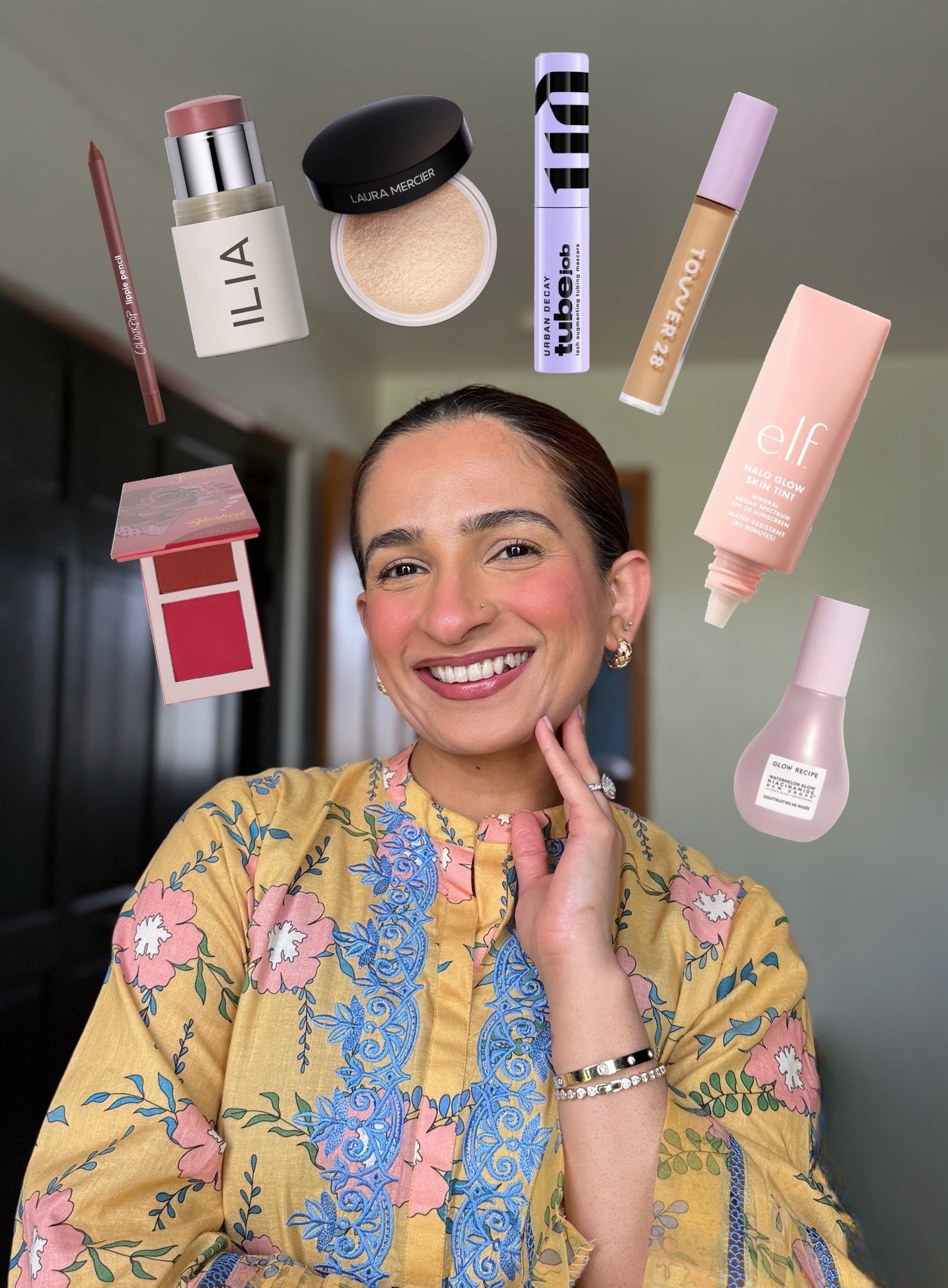 Recent makeup favorites:

Glow Recipe Niacinamide Dew Drops
Elf Halo Glow Skin Tint 7 Medium Warm
Tower 28 Concealer 11.0 OC
Urban Decay Tube Job Mascara Intense Black
Laura Mercier Translucent Loose Setting Powder
ILIA Multi Stick At Last (used for contouring)
Colourpop Lip Liner in Shade CTRL
Juvia’s Place Blush Vol 3 