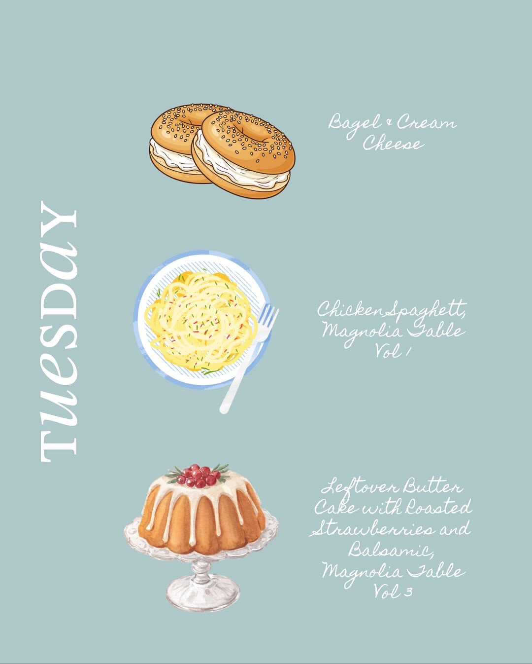 Today at the table: bagels with cream cheese, chicken spaghetti made with last night’s roast, and leftover butter cake with roasted strawberries.

Leftovers are having their moment and honestly, I’m here for it.

Read the full story on the blog — link in bio @mealandgrace.blog .

Gracefully yours,
🫶🏻 Jeanie Jo

#MealAndGrace #TuesdayMenu #MagnoliaTable #CoastalGrandmotherForRealLife #GraceTastesLikeHome #FoodFaithAndCoastalLife

#LTKfoodie #LTKHome