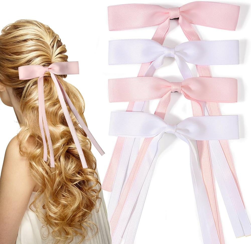 Parcce 4 PCS Tassel Ribbon Bowknot Hair Clips With Long Tail for Women Girl Teens Kids, Solid Hol... | Amazon (US)
