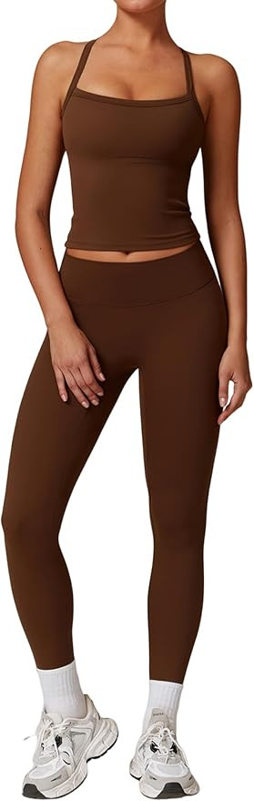 Womens Workout Sets Two Piece Cross Back Tank Top Matching High Waist Leggings Sets Gym Outfits W... | Amazon (US)
