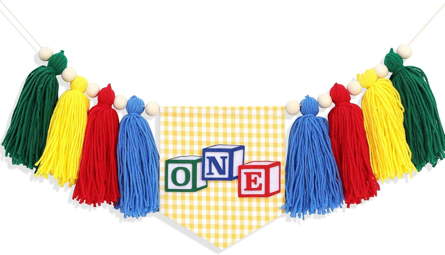 Alphabet Block One High Chair Banner - Building Block Themed 1st Birthday Decorations, rainbow colourful one yarn tassel banner | Amazon (US)