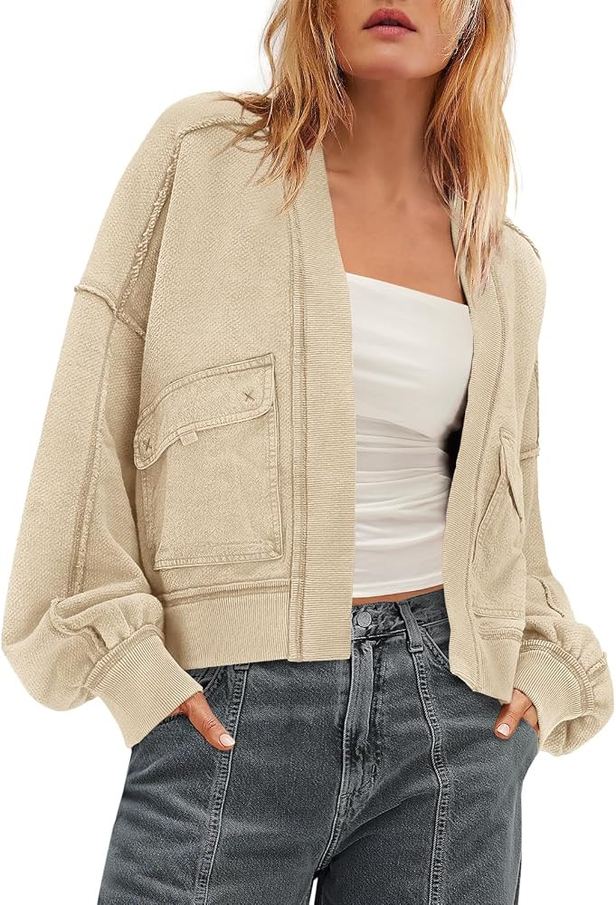 Womens Sweatshirt Cardigan Drop Shoulder Crop Jackets | Amazon (US)