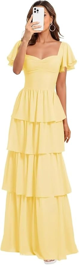 GATMAHE Square Neck Bridesmaid Dresses for Wedding 2026 A Line Ruched Chiffon Tiered Floor Length... | Amazon (US)