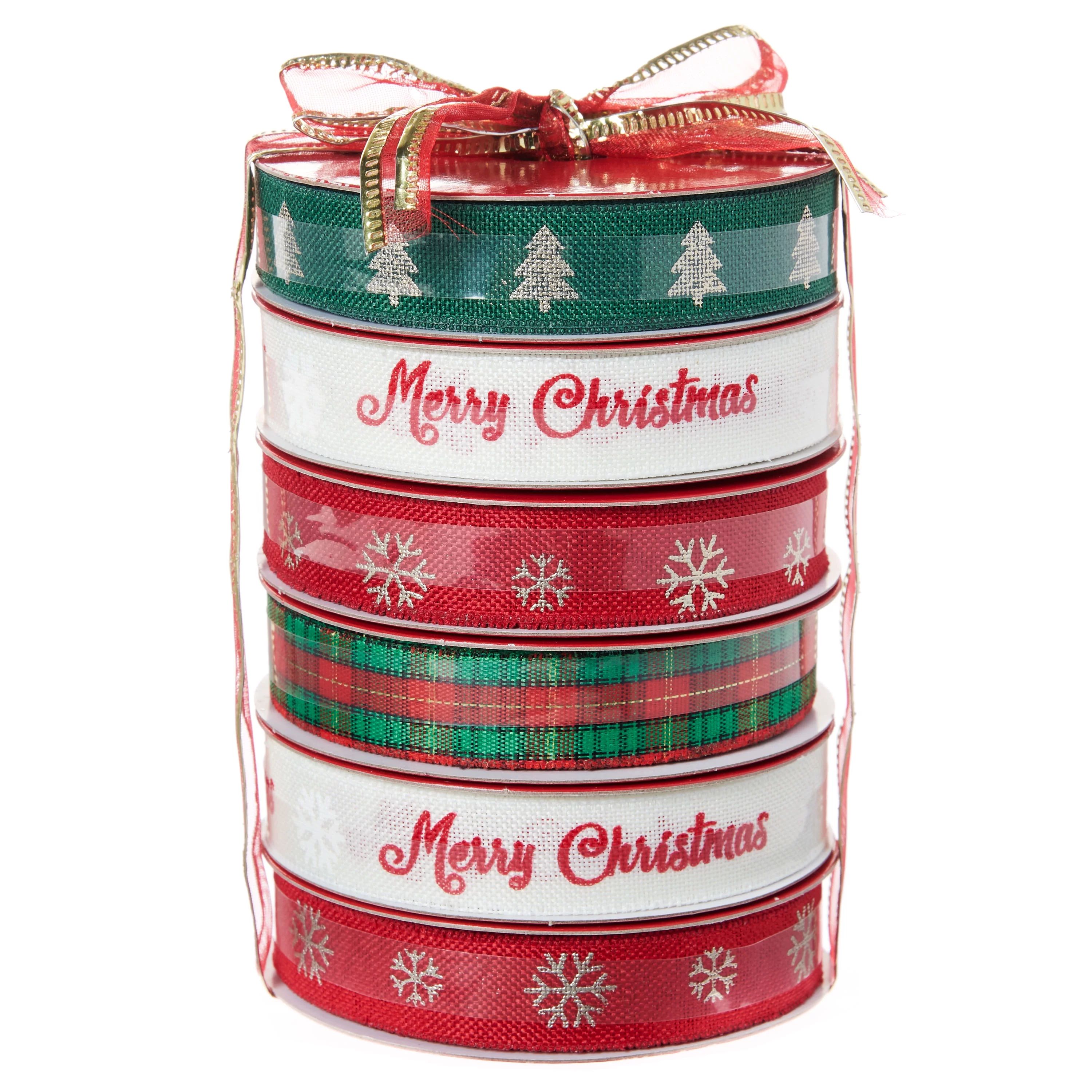 6ct - 5/8” Red, Green, White and Gold Gift Wrap Ribbon Assortment, Holiday Time 54ft Tower Rib | Walmart (US)