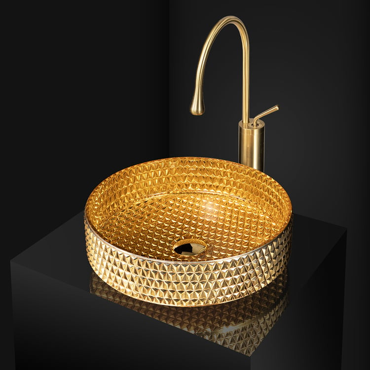 15" Modern Luxury Diamond Shaped Crystal Glass Bathroom Vessel Sink in Gold | Homary