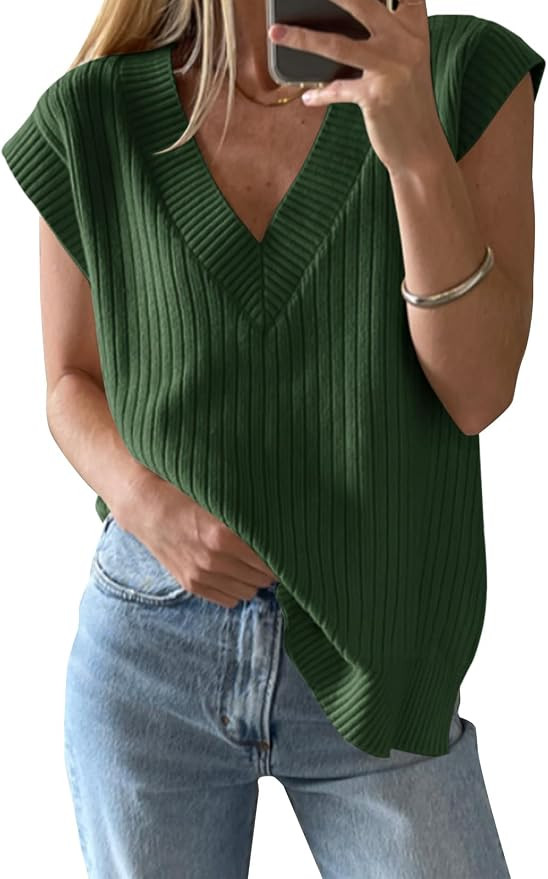 Saodimallsu Womens V Neck Sweater Vest Oversized Ribbed Knit Sleeveless Casual Loose Fit Pullover... | Amazon (US)