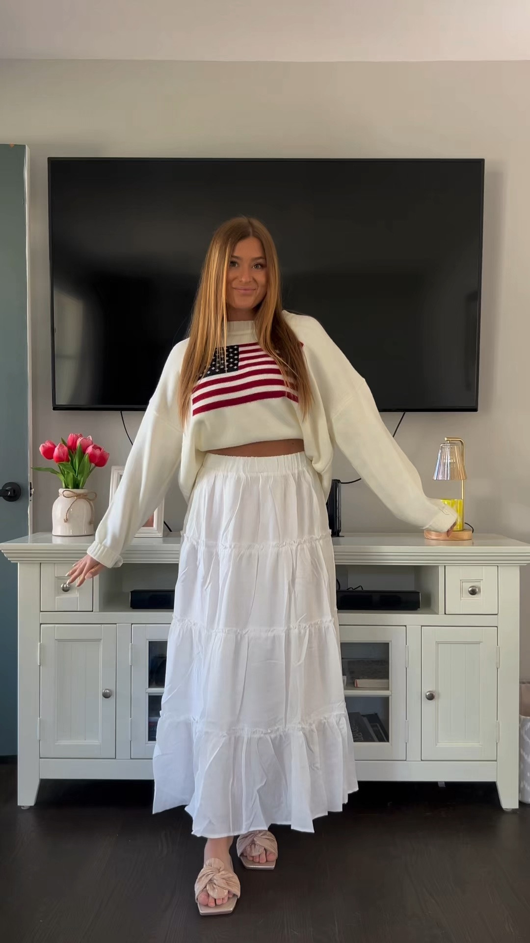 memorial day outfit ideas!!! maxi skirt outfit ideas. american flag sweater. patriotic outfits. wearing my true size in everything

#LTKootd