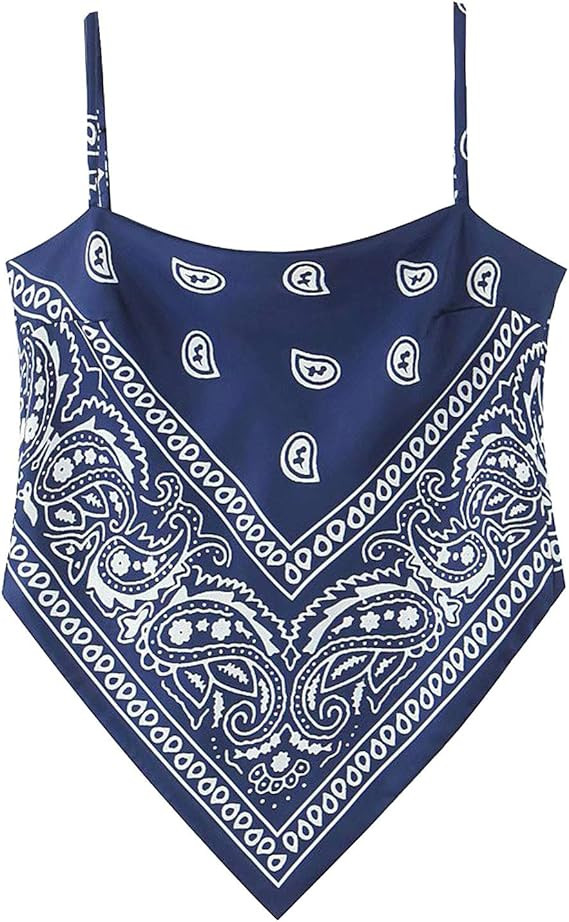 Women's Paisley Print Tie Back French Knot Hanky Hem Spaghetti Straps Handkerchief Cami Bandana T... | Amazon (US)