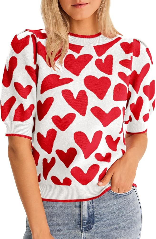 Saodimallsu Womens Puff Short Sleeve Heart Sweater Valentines Crew Neck Graphic Knit Pullover Cro... | Amazon (US)