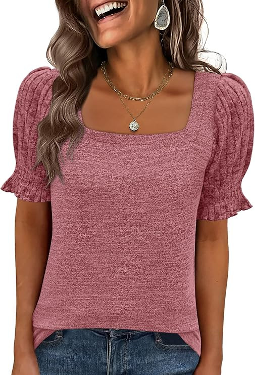 ANRABESS Womens Tops Summer Sweaters Dressy Casual Work Blouses Square Neck Ruffle Short Sleeve T... | Amazon (US)