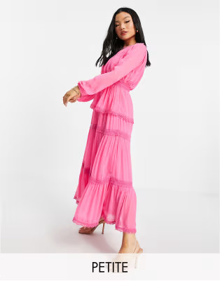 Y.A.S Petite pleated tiered maxi dress in bright pink | ASOS (Global)