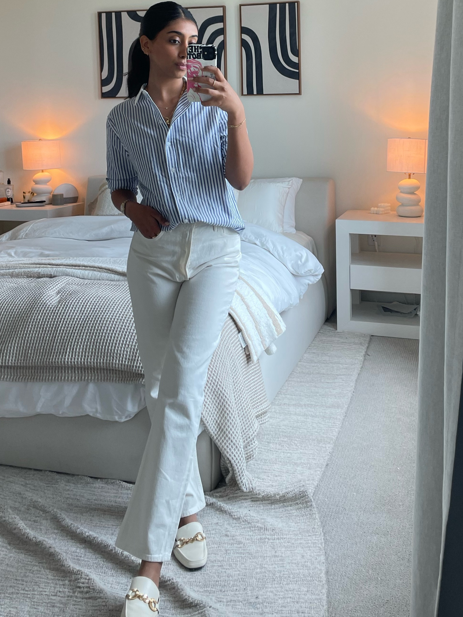 My Sofia Richie inspired work outfit. The comfiest white jeans, blue striped button down, and white loafers 🤍

#LTKworkwear #LTKSeasonal #LTKstyletip