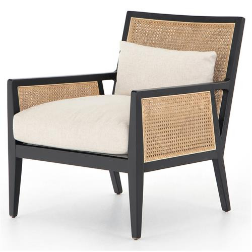 Annette Coastal Black Wood Brown Woven Cane Beige Performance Occasional Arm Chair | Kathy Kuo Home