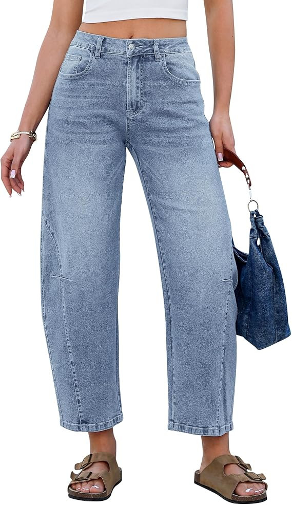GRAPENT Barrel Jeans for Women Cropped Trendy High Waisted Baggy Side Seamed Casual Stretchy Deni... | Amazon (US)