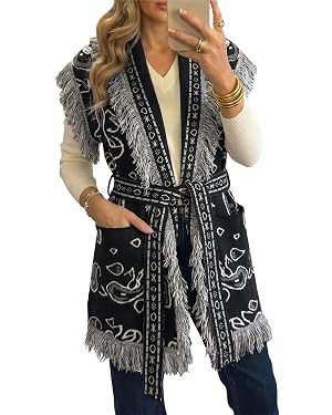Saodimallsu Womens Sleeveless Long Cardigan Sweaters Fringe Shawl Collar Boho Paisley Wrap Belted... | Amazon (US)