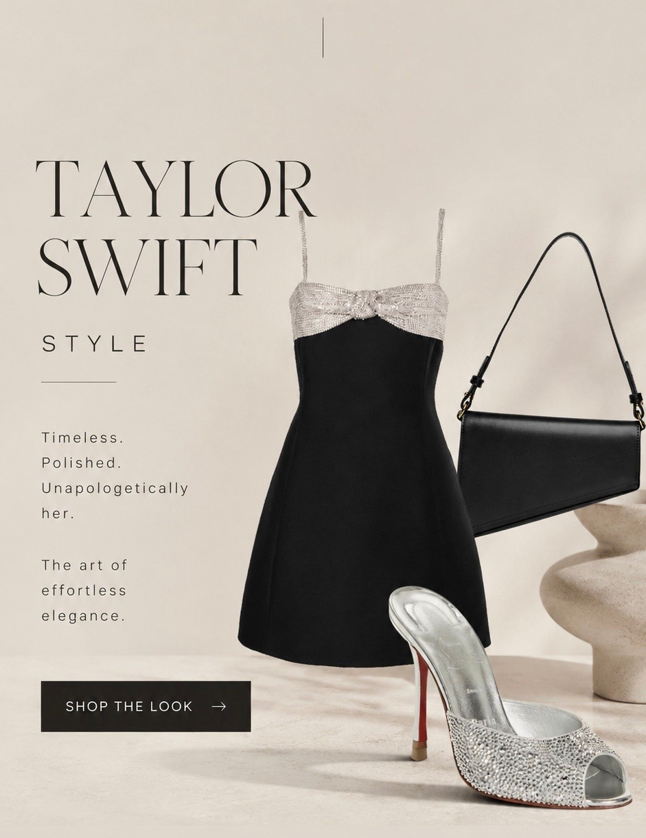 Taylor Swift style! Shop her black and silver sequin bow detail dress, crystal and embellished pumps and surprisingly affordable bag ￼