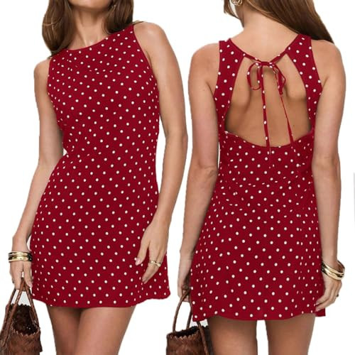 LOFAAC Women Sexy Polka Dots Tie Back Mini Dress Y2K Slim Fit Sleeveless Crew Neck Backless Going Out Short Dress(S,Red) | Amazon (US)
