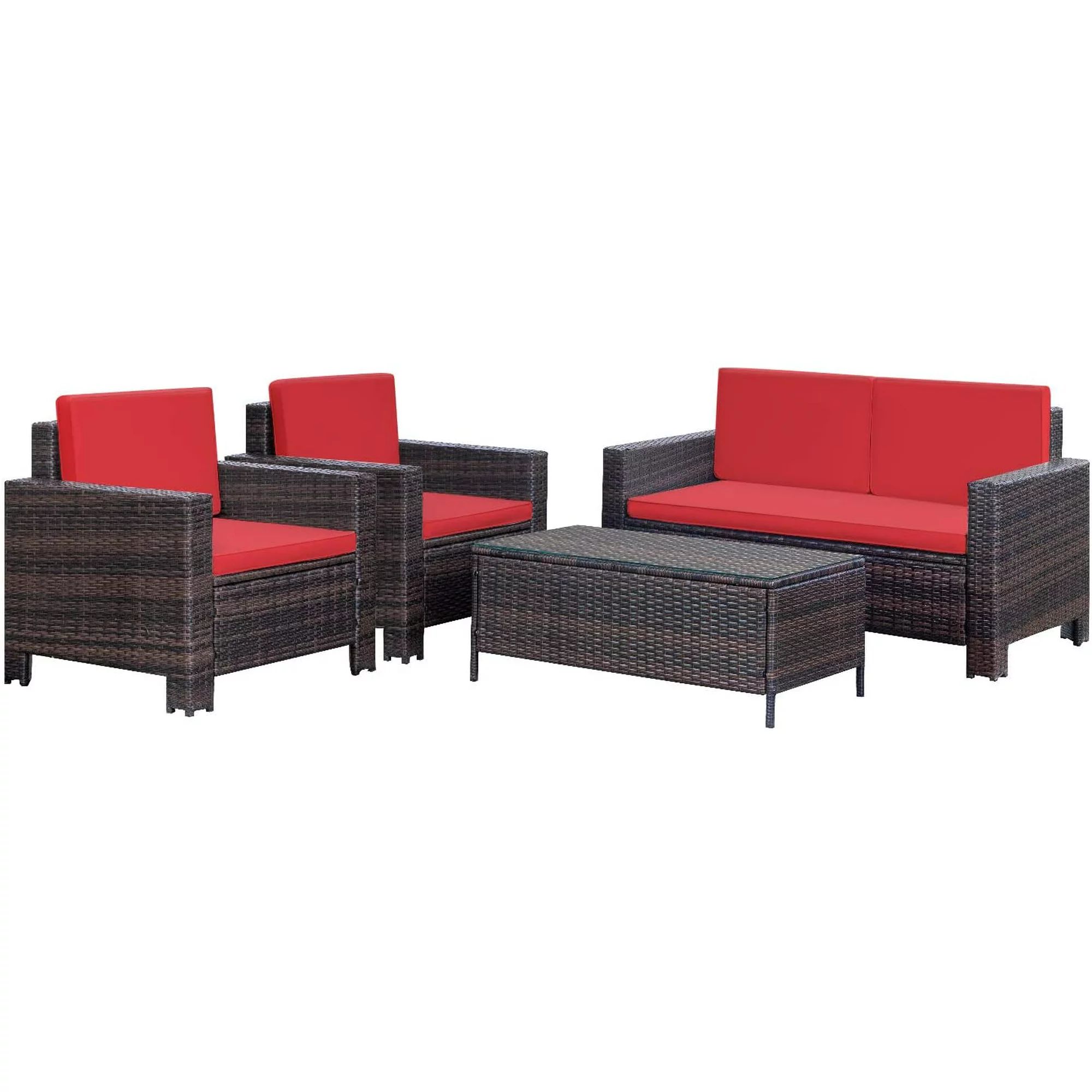 Walnew 4-Piece Wicker Outdoor Patio Conversation Set with Cushions, Brown/Red | Walmart (US)