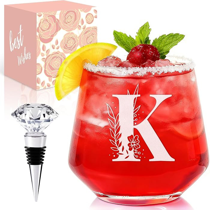 Physkoa Personalized Stemless Wine Glass — Customized A–Z Initial, Etched & Dishwasher Safe |... | Amazon (US)