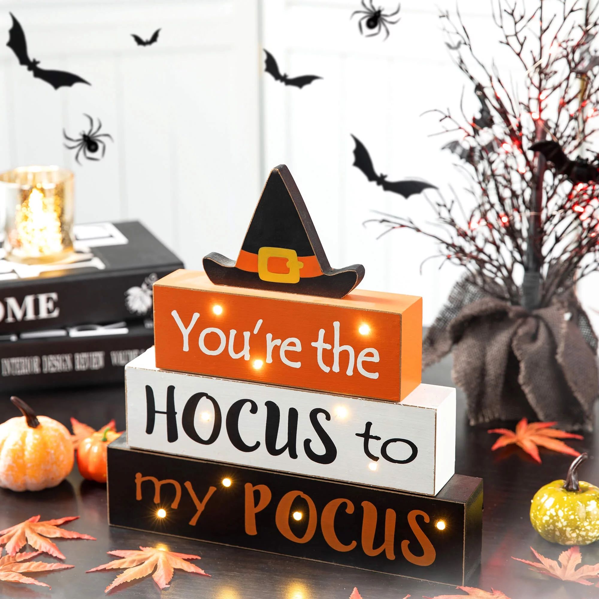 Glitzhome 10.5 * 11.5 Inches Halloween Wooden Lighted Witch/Word Block Table Centerpiece Decor - ... | Walmart (US)