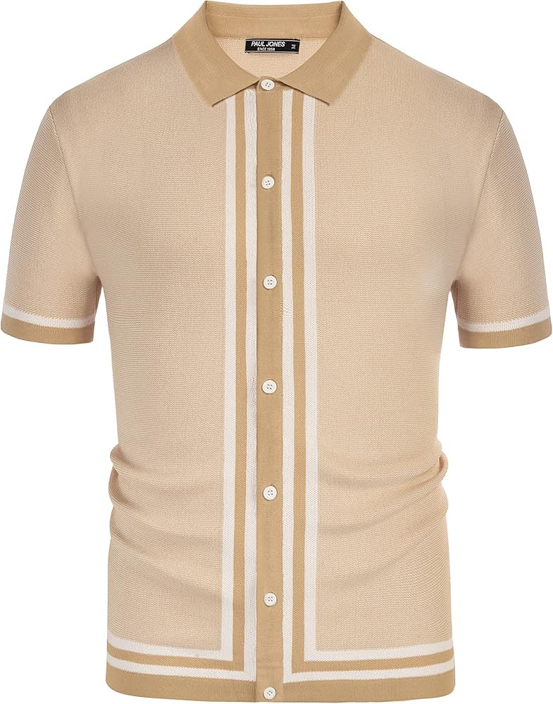 PJ PAUL JONES Men's Vintage Stripe Knit Polo Shirts Short Sleeve Stylish Button Down Cardigan Swe... | Amazon (US)