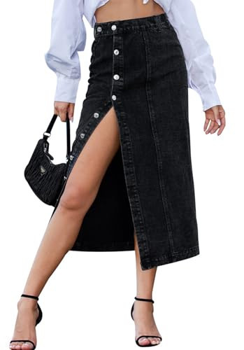 Midi Jean Skirt for Women Denim Button Up Jean Skirt Stretch High Waisted Solid Long Denim Skirts with Slit Black M | Amazon (US)