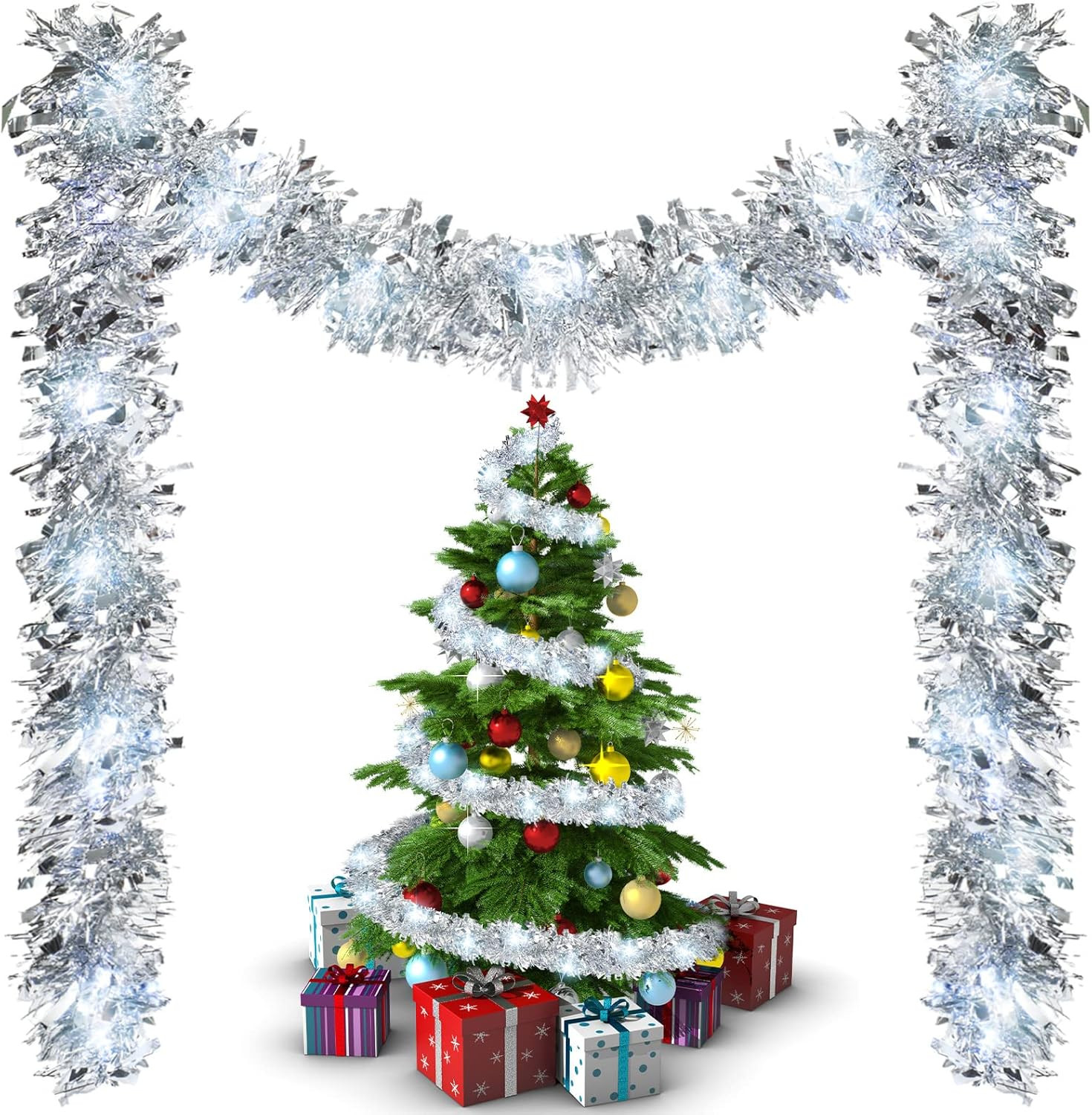 16.4 ft Christmas Prelit Tinsel Garland Metallic Garland with 50 LED Lights Hanging Christmas Gar... | Amazon (US)