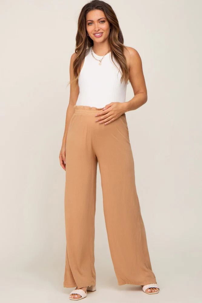 Camel Basic Elastic Waist Wide Leg Maternity Pants | PinkBlush Maternity