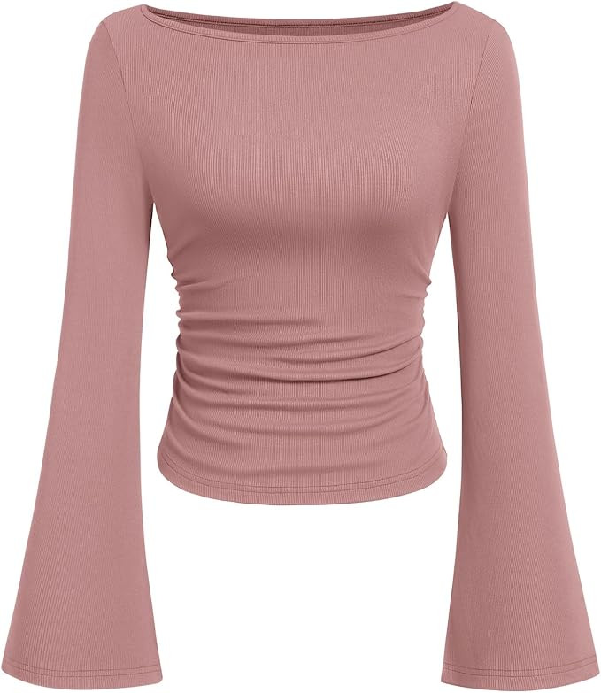 PRETTYGARDEN Womens Long Sleeve Shirts 2026 Spring Crop Going Out Tops Casual Boat Neck Bell Slee... | Amazon (US)