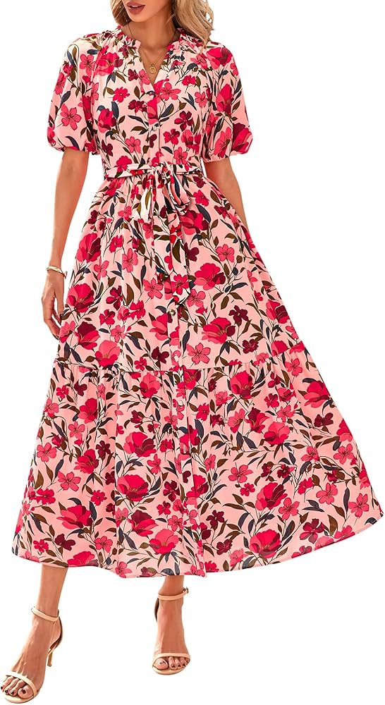 BTFBM Women Summer Floral Midi Dresses Casual Boho Puff Short Sleeve V Neck Button Belt Flowy Max... | Amazon (US)