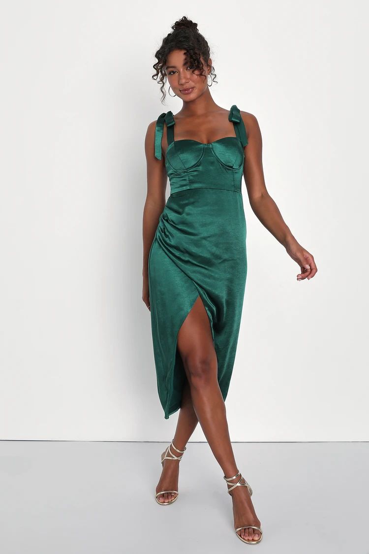 Graceful Sophistication Emerald Green Satin Tie-Strap Midi Dress | Lulus