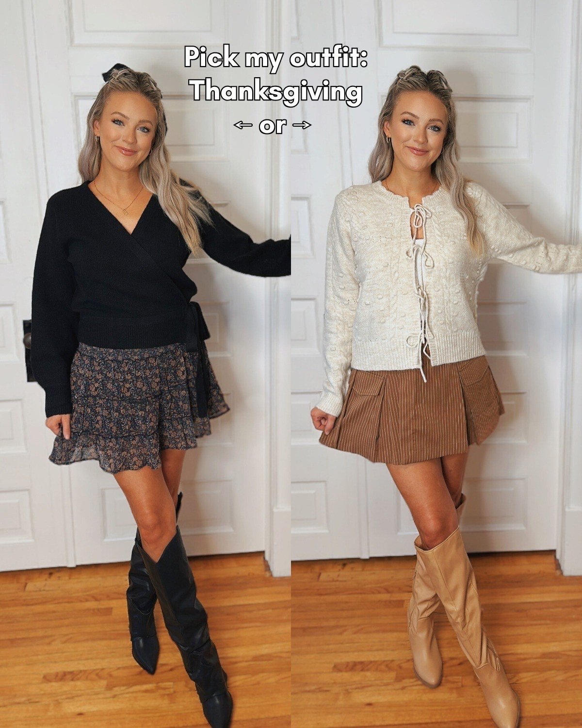 Hosting our families for Thanksgiving and I'm more concerned with my outfit than the turkey 🍂😆🍗 Which look gets your vote: the black wrap sweater & skort or the oatmeal cardigan & striped mini? Tell me your pick!

✨Don’t forget discount code BLONDE for 30% off!✨

#LTKSeasonal #LTKHoliday #LTKFindsUnder50